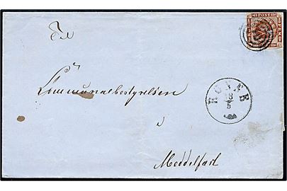 4 sk. 1858 udg. på brev annulleret med nr.stempel 61 og sidestemplet antiqua Rønne d. 18.5.186x til Middelfart.