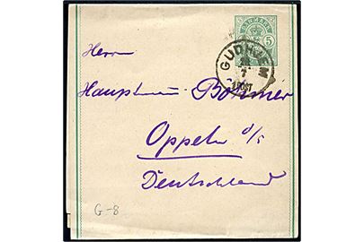 5 øre Våben helsagskorsbånd annulleret med lapidar Gudhjem d. 26.7.1895 via Kjøbenhavn til Oppeln, Tyskland.