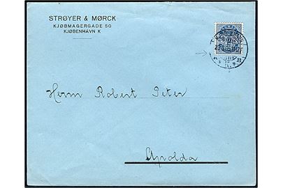 20 øre Våben med matricefejl Mgl. fodstreg på 2-tal på brev fra Kjøbenhavn d. 23.3.1905 til Apolda, Tyskland.
