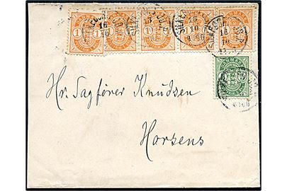 1 øre (5) og 5 øre Våben på brev annulleret med lapidar Silkeborg JB.P. d. 16.10.1902 til Horsens.