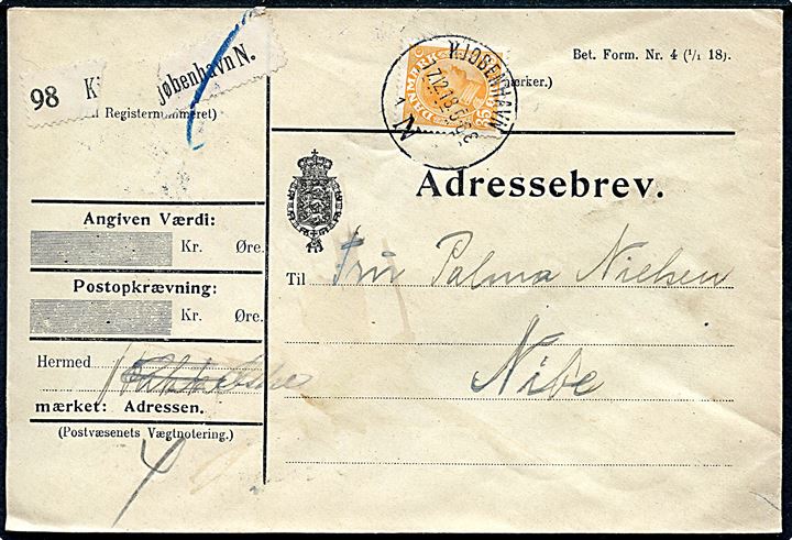 35 øre Chr. X single på adressebrev for pakke fra Kjøbenhavn d. 17.12.1918 til Nibe.