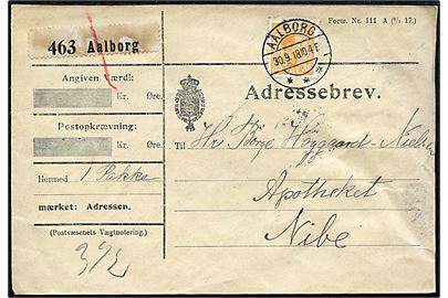 35 øre Chr. X single på adressebrev for pakke fra Aalborg d. 30.9.1918 til Nibe.