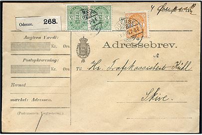 1 øre og 5 øre (par) på adressebrev for pakke påskrevet 4 Øre paa Pk fra Odense d. 13.3.1905 til Skive.