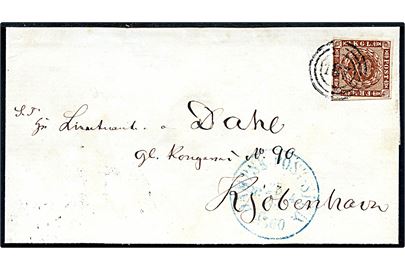 4 sk. 1858 udg. på skibsbrev formodentlig fra Kiel annulleret med nr.stempel 187 og sidestemplet blåt antiqua Dampsk.-Post-Sped. No. 4 d. 25.8.1860 til Kjøbenhavn.