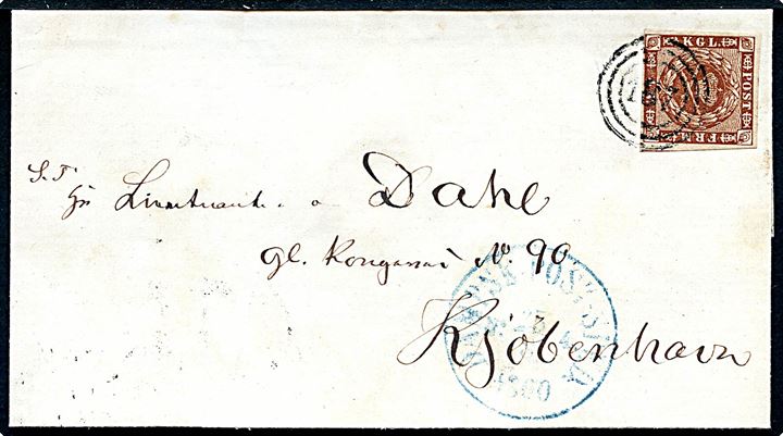4 sk. 1858 udg. på skibsbrev formodentlig fra Kiel annulleret med nr.stempel 187 og sidestemplet blåt antiqua Dampsk.-Post-Sped. No. 4 d. 25.8.1860 til Kjøbenhavn.