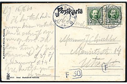 5 øre Fr. VIII i parstykke på brevkort (Ostseebad Warnemünde. Fährschiff Alexandrine) annulleret med sjældent brotype Ia Gjedser Færgehal d. 17.6.1910 til Utrecht, Holland.