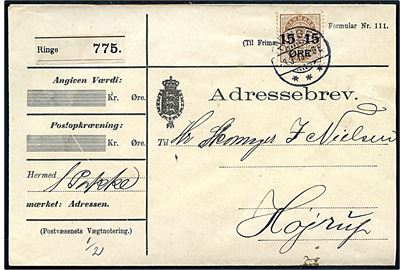 15/24 øre Provisorium single på adressebrev for pakke fra Ringe d. 3.3.1910 til Højrup.