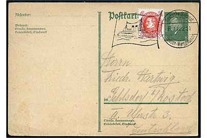 Tysk 8 pfg. helsagsbrevkort med dansk 15 øre Chr. X 60 år annulleret med skibsstempel Deutsche Seepost Gjedser-Warnemünde F.g d. 10.2.1931 til Rostock, Tyskland.