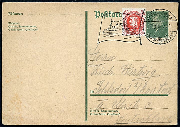 Tysk 8 pfg. helsagsbrevkort med dansk 15 øre Chr. X 60 år annulleret med skibsstempel Deutsche Seepost Gjedser-Warnemünde F.g d. 10.2.1931 til Rostock, Tyskland.