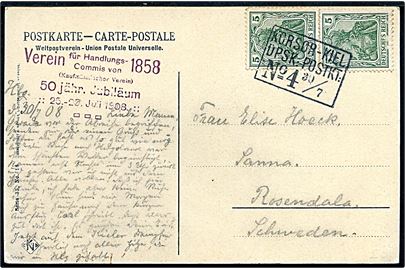 10 pfg. Germania i parstykke på brevkort dateret i Hamburg annulleret med skibsstempel Korsør-Kiel DPSK:POSTKT: No. 4 d. 30.7.1908 til Rosendala, Sverige.