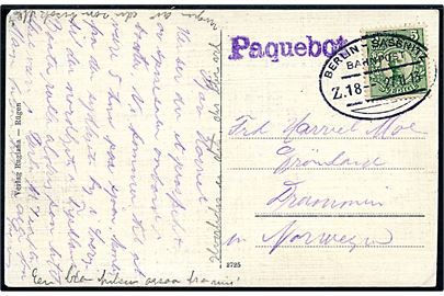 5 öre Gustaf på brevkort (Spisesal på tysk færge på Sassnitz-Trelleborg ruten) annulleret med tysk bureaustempel Berlin - Sessnitz Bahnpost Zug 18 d. 27.11.1913 og sidestemplet Paquebot til Drammen, Norge.