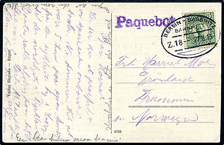 5 öre Gustaf på brevkort (Spisesal på tysk færge på Sassnitz-Trelleborg ruten) annulleret med tysk bureaustempel Berlin - Sessnitz Bahnpost Zug 18 d. 27.11.1913 og sidestemplet Paquebot til Drammen, Norge.