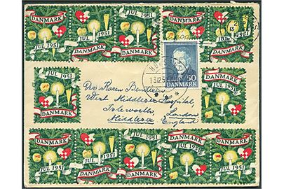 50 øre Ørsted og Julemærke 1951 (13) på for- og bagside af brev fra Horsens d. 13.12.1951 til Isleworth, England.