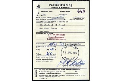 Postkvittering - F1 (3-68 A6) - for pakke stemplet DANCON / UNFICYP d. 18.4.1970 til Århus, Danmark. Sendt fra Postmester J. K. H. Madsen ved Dancon / Unficyp XII.