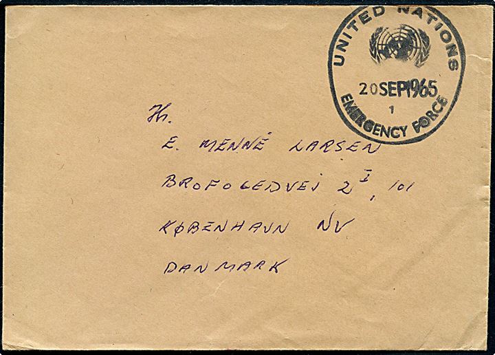Ufrankeret brev stemplet United Nations Emergency Force 1 d. 20.9.1965 til København, Danmark. Sendt STKMP / DANOR BN / UNEF i Gaza.