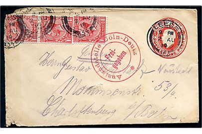 1d George V helsagskuvert opfrankeret med 1d George V (3) fra Leeds d. 1.8.1914 til Charlottenburg b. Berlin, Tyskland. Brevet passér stemplet af den tyske censur i Köln-Deutz, da det er afsendt inden krigsudbruddet. Skader på bagsiden.