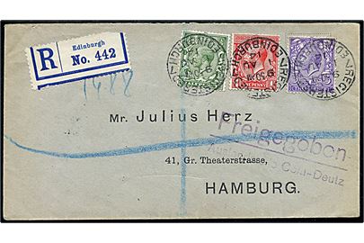 ½d, 1d og 3d George V på anbefalet brev fra Edinburgh d. 1.8.1914 til Hamburg, Tyskland. Brevet passér stemplet Freigegeben / Auslandstelle Cöln-Deutz og ankommet til Hamburg d. 10.8.1914. Ikke tilbageholdt, da brevet er afsendt inden krigsudbruddet.