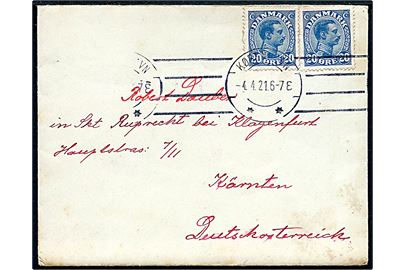 20 øre Chr. X (2) på brev fra København d. 4.4.1921 til Klagenfurt, Kärnten, Deutschösterreich. Interessant indhold skrevet på dansk af dansk plejemor til tidligere Wienerbarn.