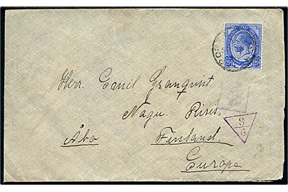 2½d George V på brev fra Port Nolloh d. 18.9.1916 via Petrograd til Nagu, Finland. Åbnet af russisk censur, men banderole mangler.