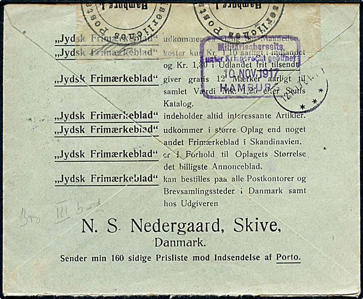 1 øre Bølgelinie (5) og 15 øre Chr. X (2) på anbefalet brev fra Skive d. 8.11.1917 til Chemnitz, Tyskland. Åbnet af tysk censur i Hamburg. Returneret med stempel Auf Befehl der Militärbehörde zurück.