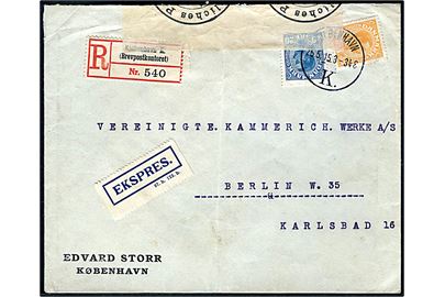 20 øre og 35 øre Chr. X på anbefalet ekspresbrev fra Kjøbenhavn d. 25.5.1915 til Berlin, Tyskland. Åbnet af tysk censur i Hamburg.
