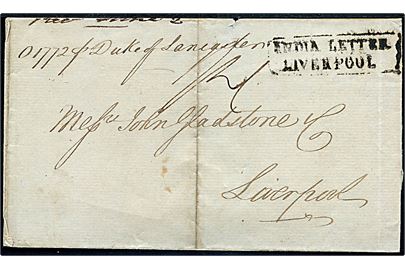 1820. Brevomslag dateret Calcutta d. 21.1.1820 påskrevet pr. Duke of Lanigden til Mesrs John Gladstone i Liverpool, England. Rammestempel India Letter Liverpool. På bagsiden lille S stempel af ukendt betydning.