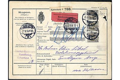 25 øre Fr. VIII i vandret 3-stribe på internationalt adressekort for pakke med opkrævning fra Kjøbenhavn d. 22.12.1910 til Isolationssygehuset i Trondhjem, Norge.