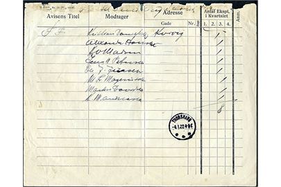 Fortegnelse over avismodtagere i Kvivig - M.Form. Nr. 16 (14/11 1919) med brotype IIIb Thorshavn d. 4.1.1922. Revet i toppen.