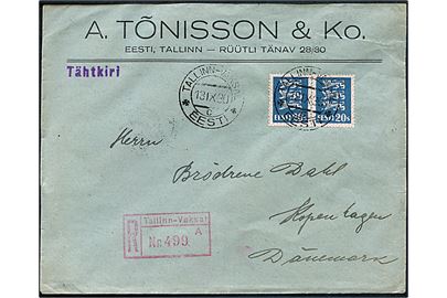 20 s. Løve i parstykke på anbefalet brev fra Tallinn Vaksal d. 13.9.1930 til København, Danmark.