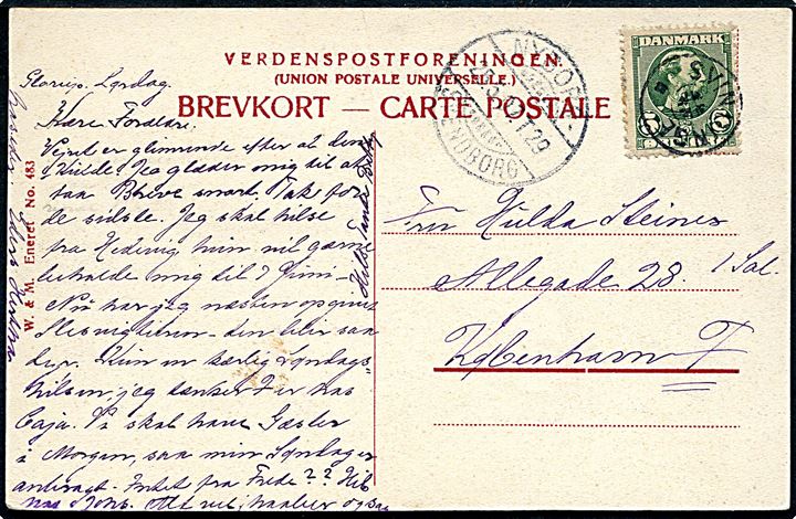 5 øre Chr. IX på brevkort annulleret med stjernestempel SVINDINGE og sidestemplet bureau Nyborg - Svendborg T.29 d. 25.5.1907 til København.