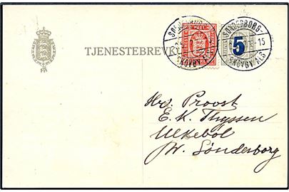 5/3 øre provisorisk Tjenestebrevkort opfrankeret med 10 øre Tjenestemærke fra Tandslet annulleret med bureau Sønderborg - Skovby Als T.15 d. 2.5.1922 til Ulkebøl pr. Sønderborg. Meget sjælden kombination.