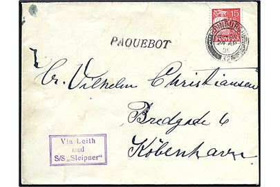 15 øre Karavel på brev annulleret med skotsk stempel i Edinburgh d. 24.4.1935 og sidestemplet “Paquebot” til København. Violet dirigeringsstempel: Via Leith med S/S “Sleipner”. 