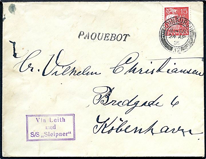 15 øre Karavel på brev annulleret med skotsk stempel i Edinburgh d. 24.4.1935 og sidestemplet “Paquebot” til København. Violet dirigeringsstempel: Via Leith med S/S “Sleipner”. 
