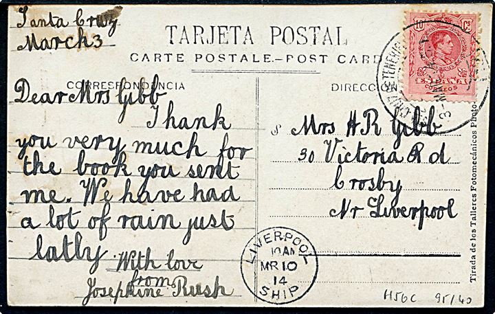 10 cts. Alfonso XIII på brevkort annulleret Santa Cruz de Tenerife d. 3.3.1914 og sidestemplet Liverpool Ship d. 10.3.1914 til Crosby, Nr. Liverpool, England.