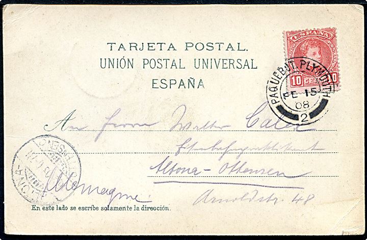 Spansk 10 cts. på brevkort fra Las Palmas, Gran Canaria annulleret med britisk skibsstempel Paquebot Plymouth d. 15.2.1908 til Altona, Tyskland.