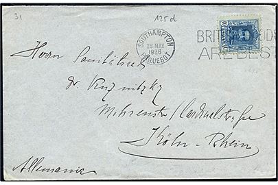 40 cts. Alfonso XIII på fortrykt kuvert fra hollandske skib S/S Flandria annulleret med britisk skibsstempel Southampton Paquebot / British Goods are Best d. 28.5.1926 til Köln, Tyskland.