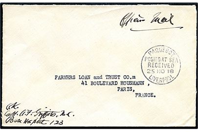 Ufrankeret amerikansk feltpostbrev påskrevet Officers Mail med skibsstempel Paquebot Posted at Sea Received Liverpool d. 25.11.1918 til Paris, Frankrig. Selvcensureret af capt. ved Base Hospital 123.