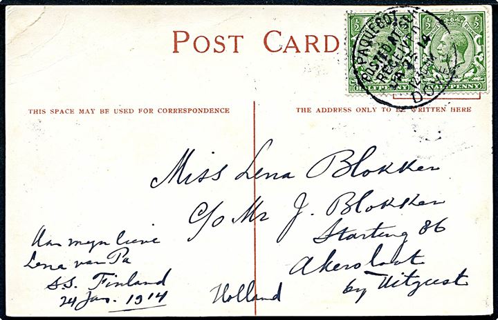 ½d George V i parstykke på brevkort (S/S Finland, Red Star Line) annulleret med skibsstempel Paquebot Posted at Sea Received Dover d. 25.1.1914 til Holland.
