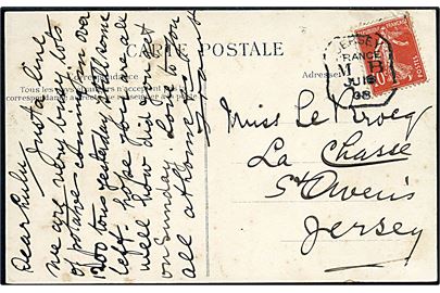 Fransk 10 c. på brevkort fra St. Malo annulleret med britisk skibsstempel Jersey France M B d. 18.6.1908 til Jersey, Kanaløerne. M B (= Mobile Box). 