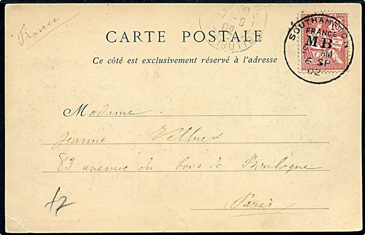 Fransk 10 c. på brevkort fra Saint Servan annulleret med britisk skibsstempel Southampton France M B d. 6.9.1902 til Paris, Frankrig. M B (= Mobile Box). 