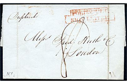 1840. Omslag fra New York d. 1.6.1840 påskrevet Duplicate til London med rødt stempel Portsmouth Ship Letter. På bagsiden ank. stemplet d. 26.6.1840.