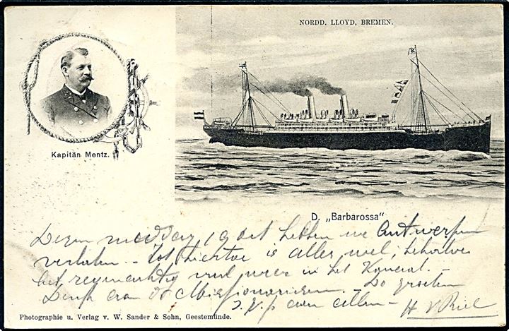 10 pfg. Germania på brevkort (Dampfer Barbarossa) annulleret med skibsstempel Deutsche Seepost Australische Hauptlinie a d. 20.10.1902 og sidestemplet Southampton Ship Letter d. 20.10.1902 til Tilburg, Holland.