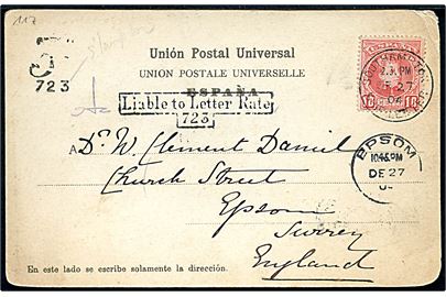 10 cts. på brevkort fra Gran Canaria annuleret med britisk skibsstempel Southampton Ship Letter d. 27.12.1904 til Epsom, England. Sort porto stempel 3d / 723 og Liable to Letter Rate / 723.