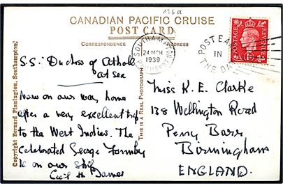 1d George VI på brevkort (Florida, USA) fra S/S Duchess of Atholl annulleret med skibsstempel Southampton Paquebot / Post early in the Day d. 23.3.1939 til Birmingham, England.