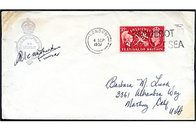2½d Festival of Britain på brev annulleret med skibsstempel London / Paquebot Posted at Sea d. 4.9.1952 til USA. Sendt fra S/S Oronsay.