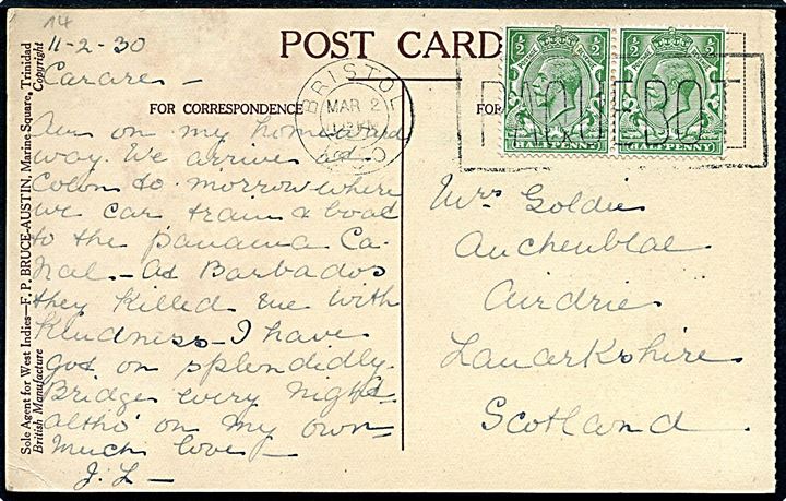 ½d George V i parstykke på brevkort fra Trinidad annulleret med skibsstempel Bristol / Paquebot d. 2.3.1930 til Scotland.