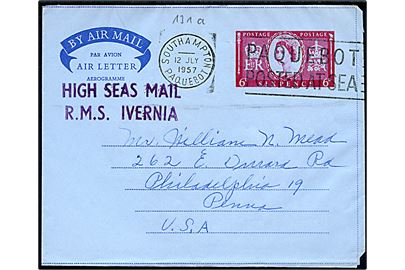 6d Elizabeth helsagsaerogram annulleret med skibsstempel Southampton Paquebot / Paquebot Posted at Sea d. 12.7.1957 til Philadelphia, USA. Sidestemplet: High Sea Mail R.M.S. Ivernia.-