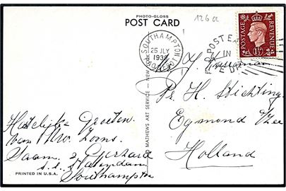 1½d George V på brevkort fra Barbados sendt fra det hollandske skib S/S Statenland og annulleret med skibsstempel Southampton Paquebot / Post early in the day d. 25.7.1939 til Holland.
