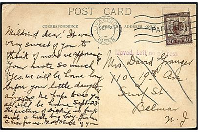 1½d George V Pstal Congress på brevkort (R.M.S. Laconia) annulleret med skibsstempel Liverpool / Paquebot d. 2.9.1929 til Belmar, USA. Violet stempel Moved, Left no address.