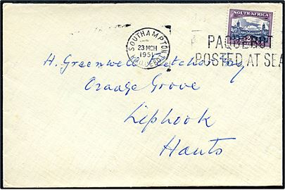 2d på brev annulleret med skibsstempel Southampton Paquebot / Paquebot Posted at Sea d. 23.3.1951 til Liphook, England.